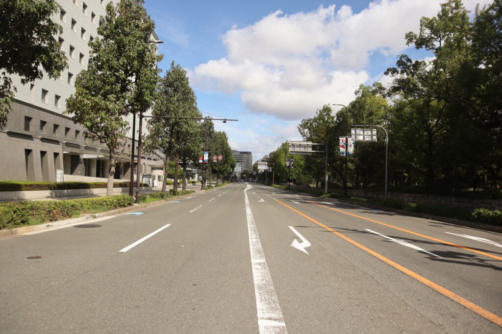 道路と両サイドに生える木や生垣